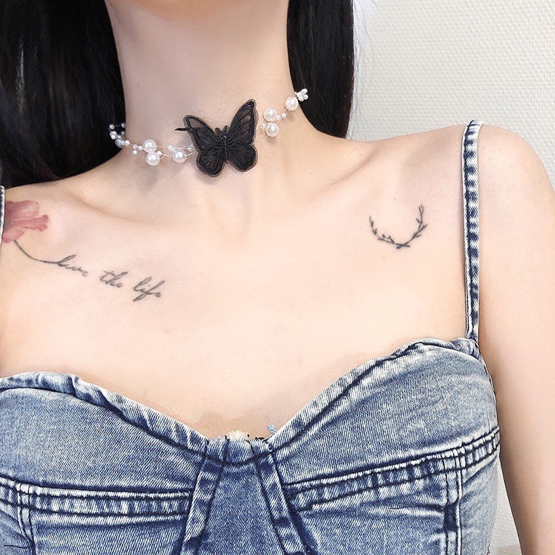 Vòng đeo cổ Choker 3 dây hạt phối bướm vải thêu mã S-105