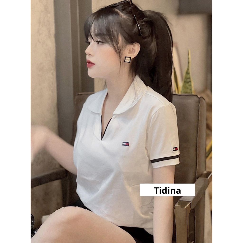 Áo Polo Nữ TIDINA áo thun trắng cổ chữ v viền kẻ tim chất cá sấu cotton mịn hàng cao cấp đẹp
