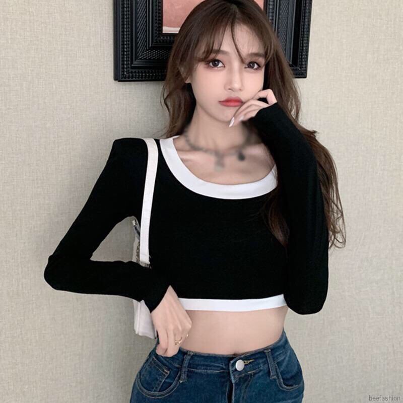 Áo croptop tay dài cổ tròn vải thun gân