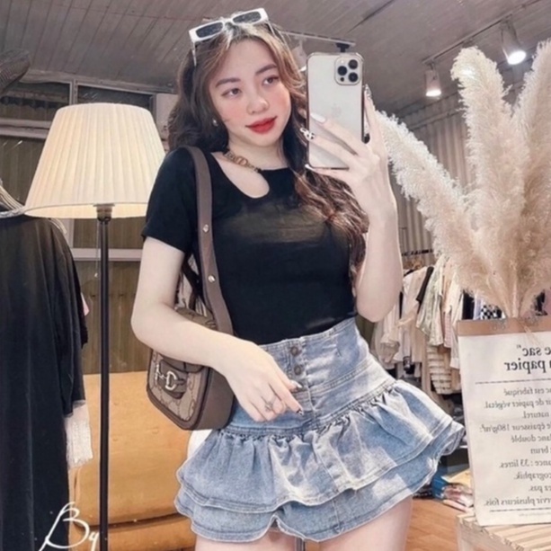 Áo kiểu nữ tà nhọn phối xích trễ hở vai chất vải thun Borip FreeSize dưới 53kg dành cho nữ có 2 màu Trắng, Đen