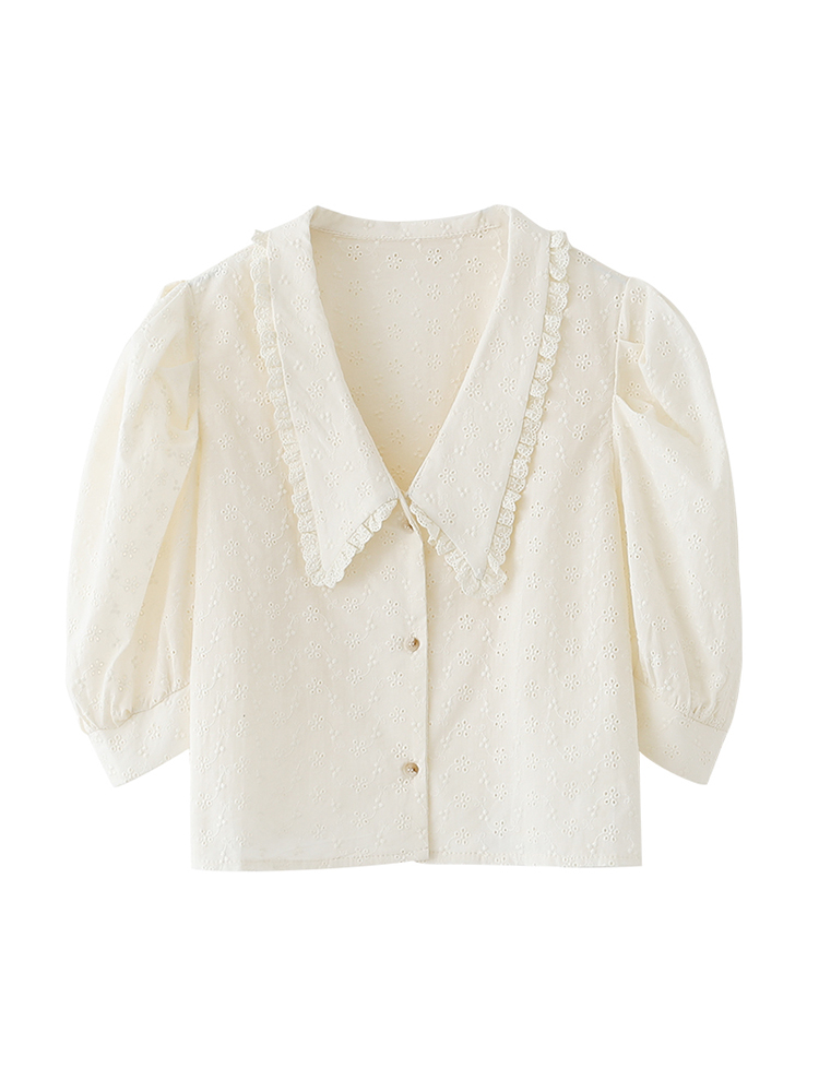 Áo Sơ Mi Ngắn Tay Cổ Chữ V Phối Ren Xinh Xắn Dành Cho Nữ