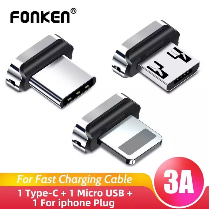 Đầu Cáp Sạc Nam Châm Rời Dùng Cho Cáp FONKEN ,TOPK-Loại Sạc Nhanh 3A QC 3.0 ( Gồm 1 trong 3 Đầu ,Type C,Mic