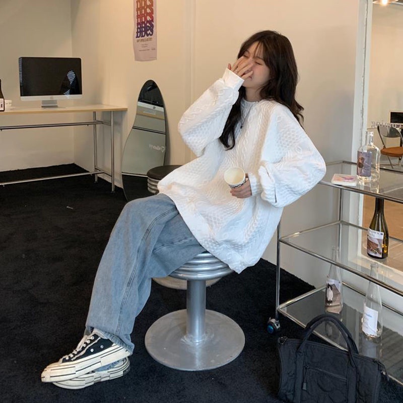 COZOK Áo len tay dài cổ tròn form rộng kiểu dáng hợp thời trang