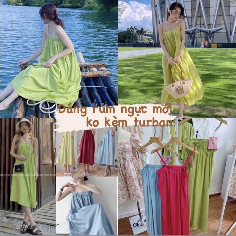 Váy maxi kèm turban chất đũi hai dây Đầm đũi mềm mịn hai lớp tiểu thư