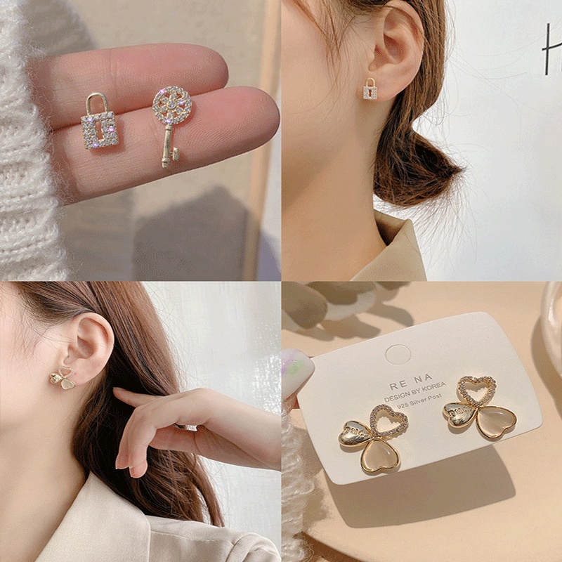 Bông Tai Bạc Đính Đá Mắt Mèo / Bướm / Ngọc Trai Phong Cách Hàn Quốc Chất Lượng Cao