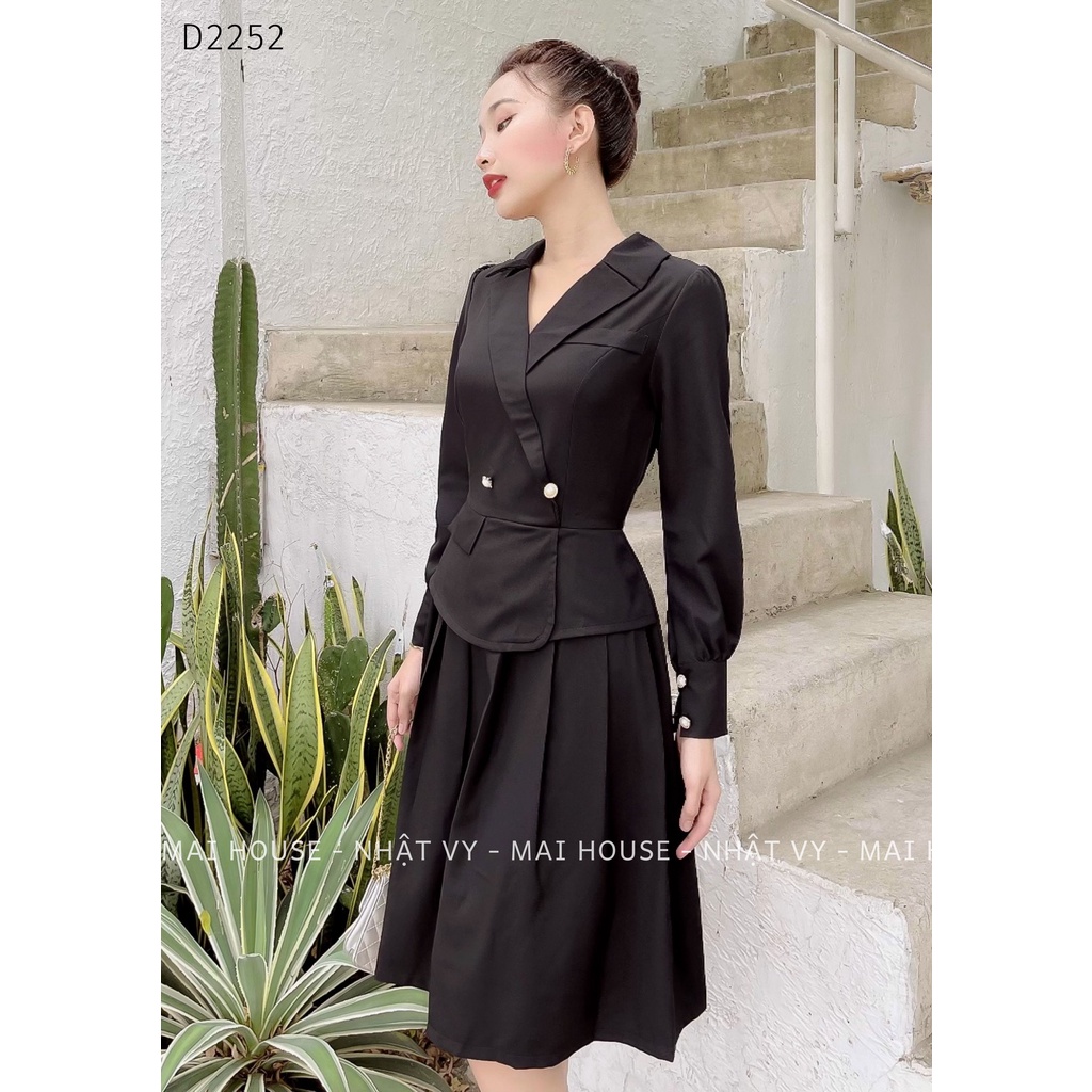 Đầm Nữ NHẬT VY Cổ Vest Dài Tay Phối Dập Ly Chất Kaki Thun Dáng Ôm Xoè Nhẹ Màu Đen, Nude - D2252