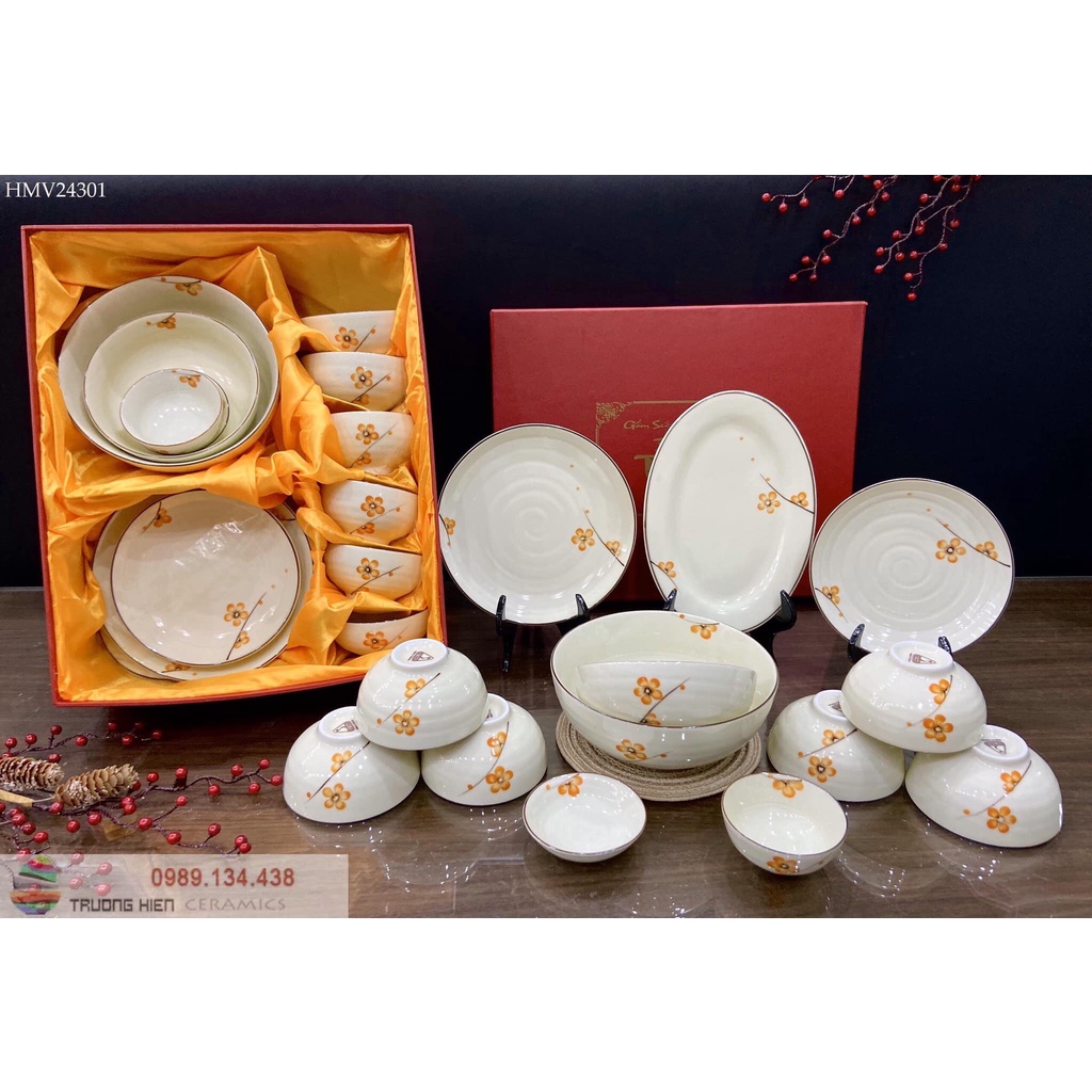 Bộ đồ ăn bát tràng, men kem vẽ đào vàng dành cho 2 - 6 người