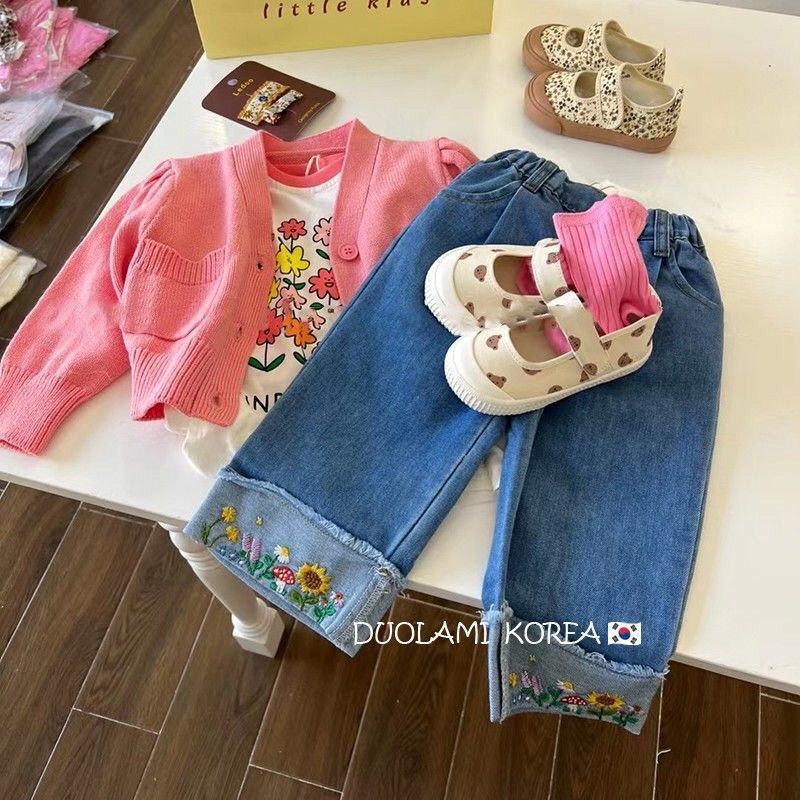 Quần Jean Ống Rộng Thêu Họa Tiết Thời Trang Mùa Thu Mới 2022 Cho Bé Gái