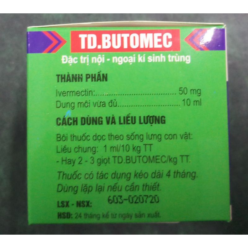 TD Butomec lọ 10ml nội ngoại kí sinh trùng, sử dụng trên sống lưng