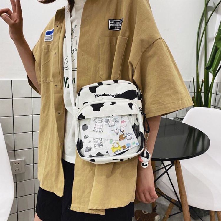 [SIÊU HÓT] Túi đeo chéo cho nữ họa tiết Bò sữa trong suốt vuông siêu đẹp, vải canvas phong cách