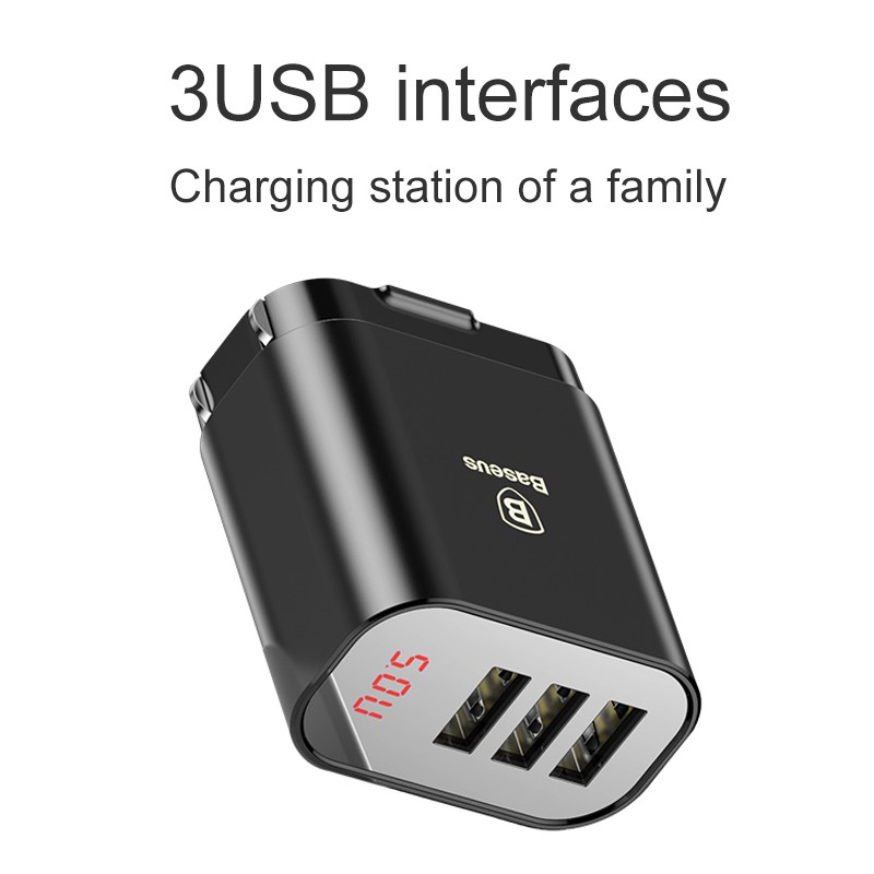 [COD Ready Stocks]Baseus Intelligent Digital Display 3USB Travel Charger 3.4A