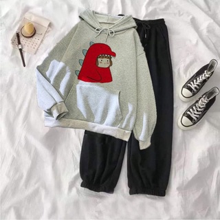 Sét bộ áo hoodie khủng long đỏ cute quần bom đen