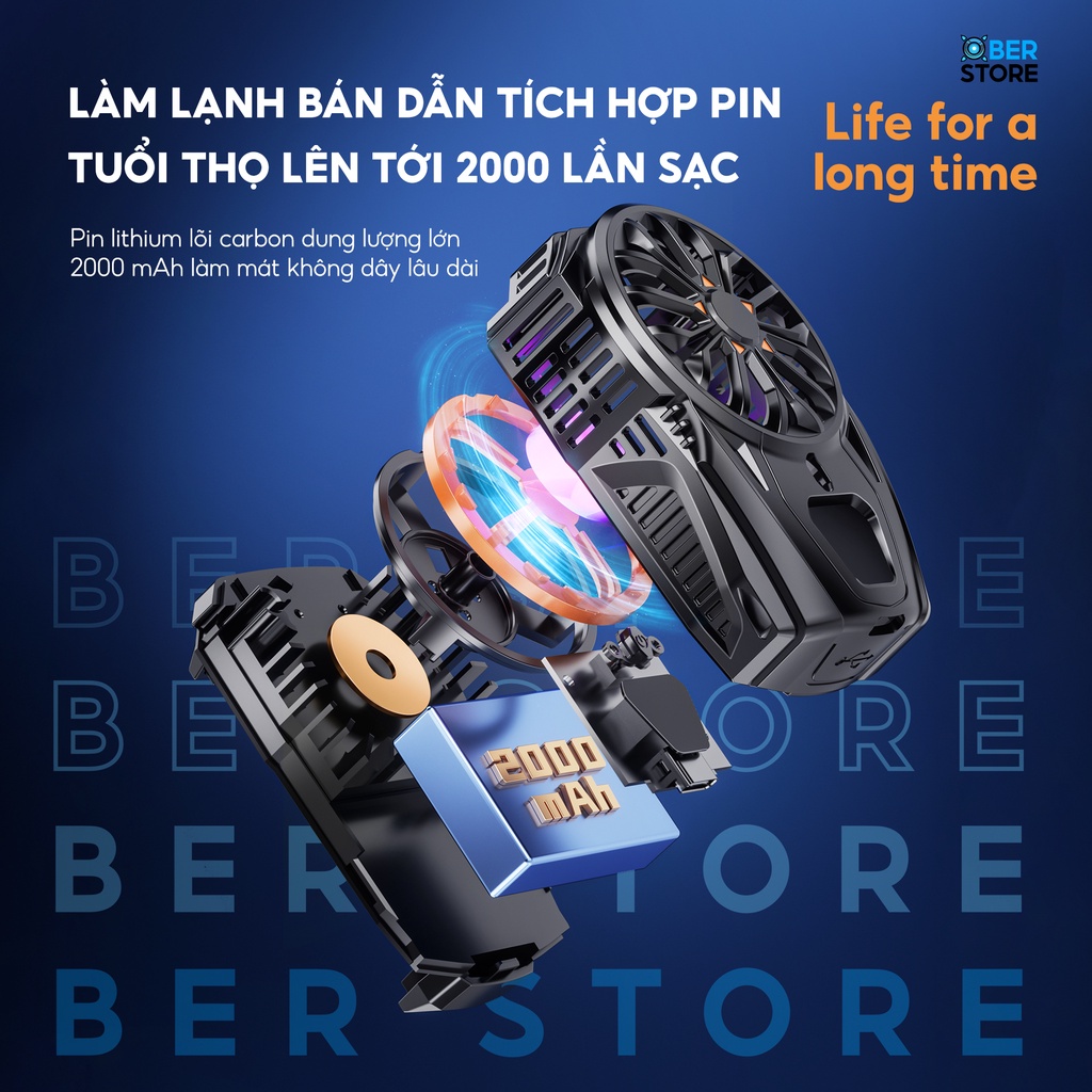 Quạt tản nhiệt điện thoại sò lạnh Ber Shield SL02 pin 2000 mAh chơi game làm mát bằng chip bán dẫn IOS Android led RGB
