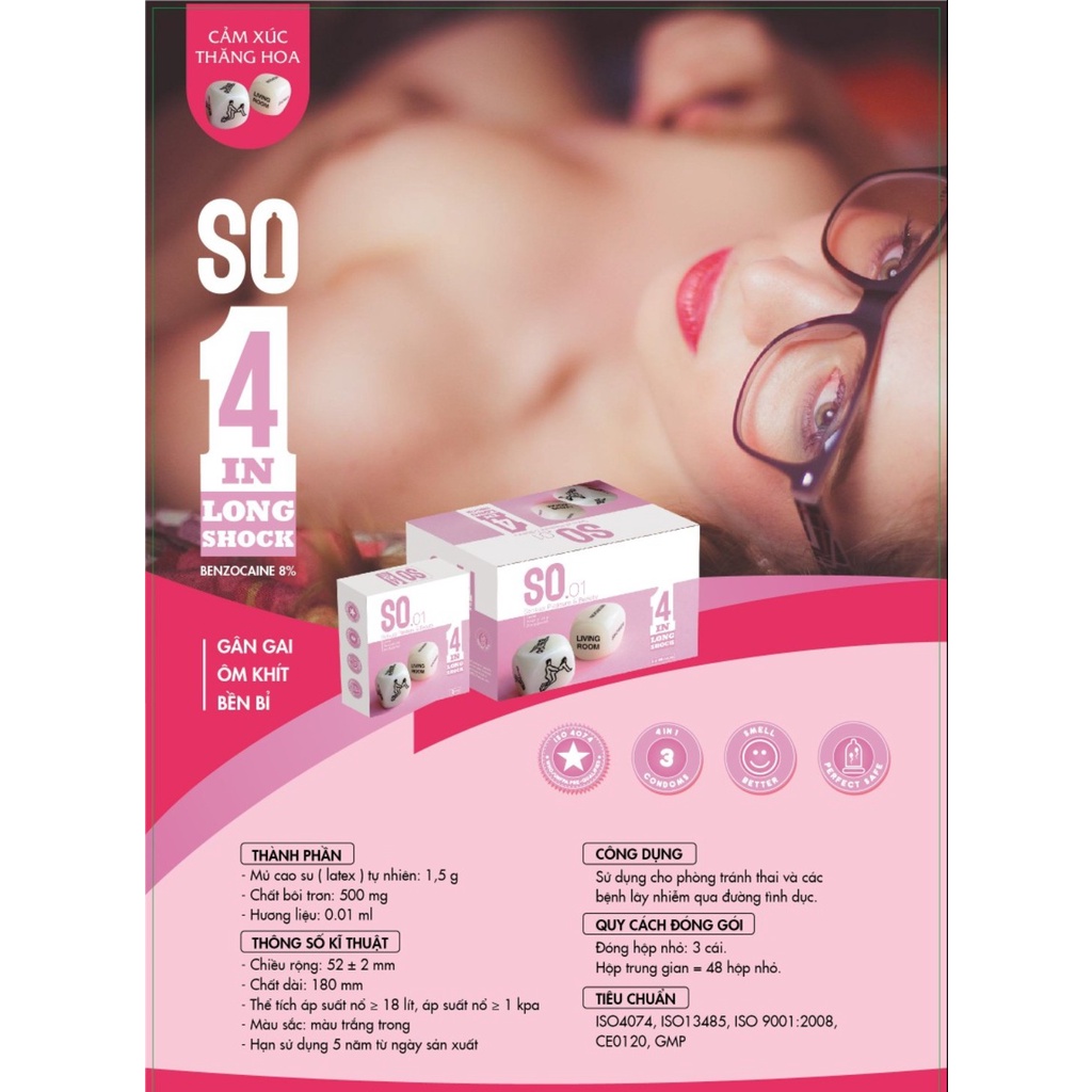 bao cao su gân gai và kéo dài thời gian 4 in 1 SO - hộp 3bcs