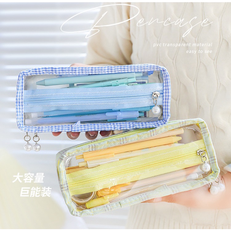 Hộp Bút Bằng Vải Canvas Caro Màu Sắc Pastel Phong Cách Hàn Quốc - Bóp Viết Đa Năng Ngăn Chứa Lớn