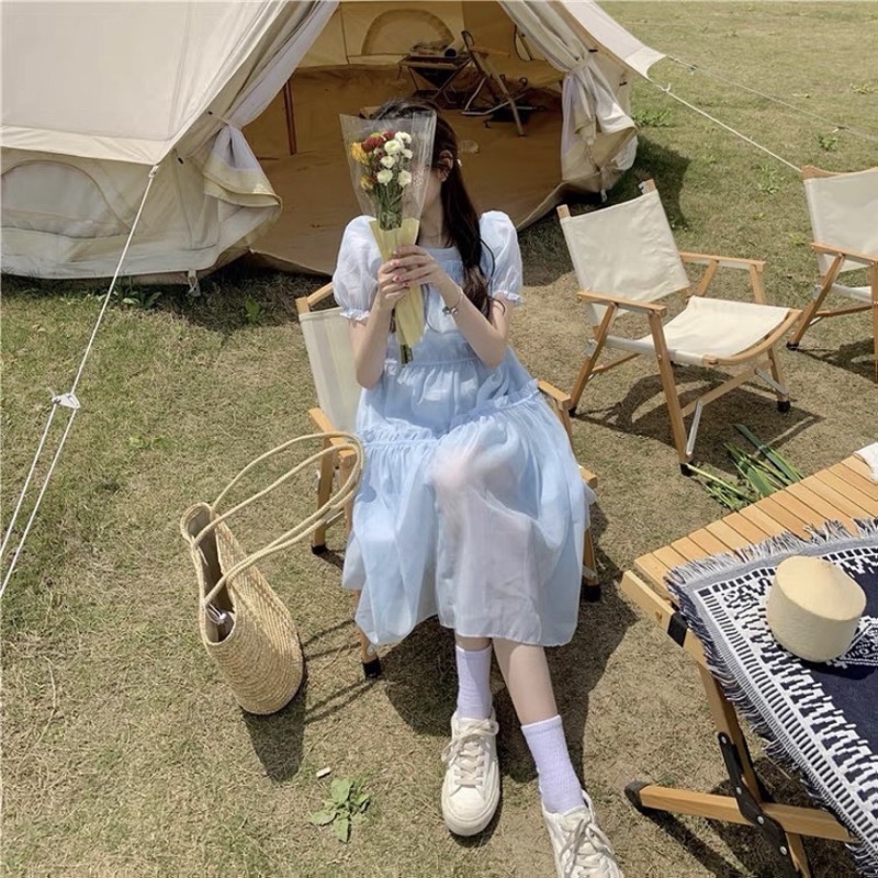 Đầm voan dáng dài xếp ly baby blue