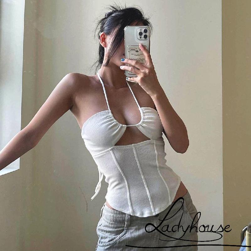 Áo Croptop Không Tay Màu Trơn Thiết Kế Hở Lưng Phối Dây Rút Gợi Cảm Cho Nữ