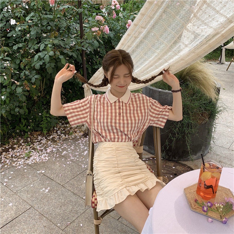 Bộ Áo Sơ Mi Ca Rô + Chân Váy Chữ A Lưng Cao Xinh Xắn Dành Cho Nữ