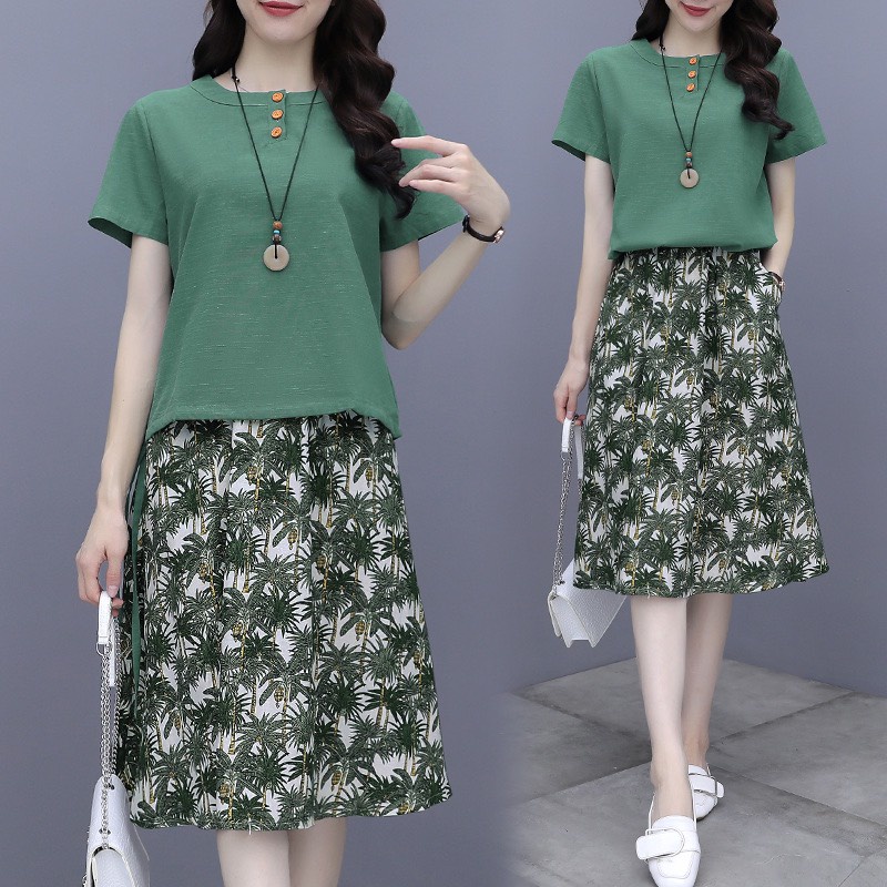 Set áo và chân váy tay ngắn nữ hè vải cotton thô hàng nhập