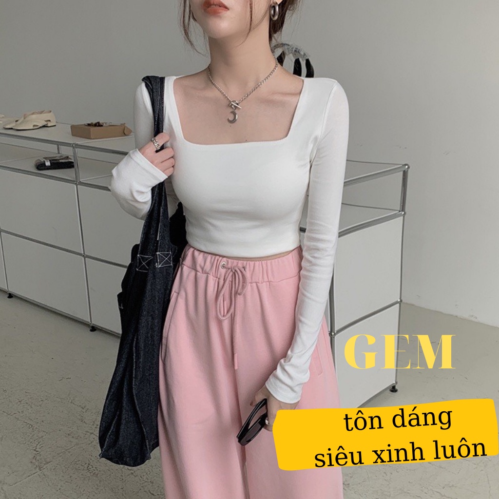 Áo Croptop cổ vuông tay dài ôm body phong cách Hàn Quốc - Áo nữ tay dài vải thun dáng ôm xinh xắn Gem94