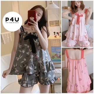 Đồ bộ nữ mặc nhà hai dây đính nơ ngực, hàng đẹp chuẩn mẫu mã dễ thương