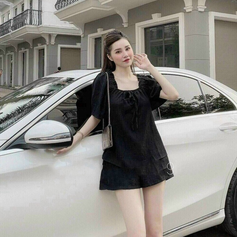 Gunkaymatter Sét Bộ Áo Tay Ngắn Cổ Vuông Cột Nơ Kèm Quần Đùi Thời Trang Nữ Thiết Kế Phù Hợp Mọi Phong Cách