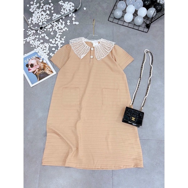 Váy Bầu cổ ren dáng xuông ,Chất Xốp kẻ ,đính khuy ngọc siêu xinh,phù hợp đi làm đi chơi freesize 43-68kg