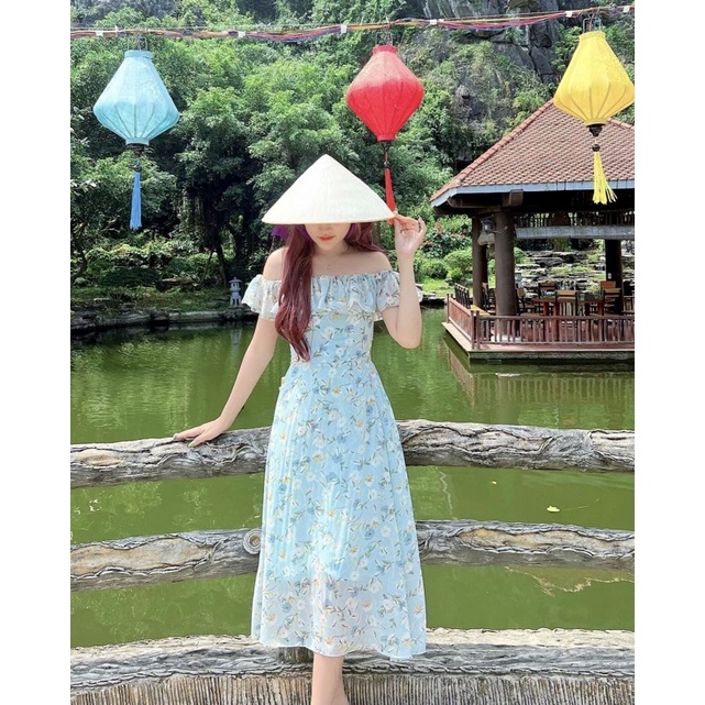 Váy trễ vai maxi 2 lớp ,đầm hoa, đi biển sang chảnh màu xanh ngọc Linstore thiết kế V17