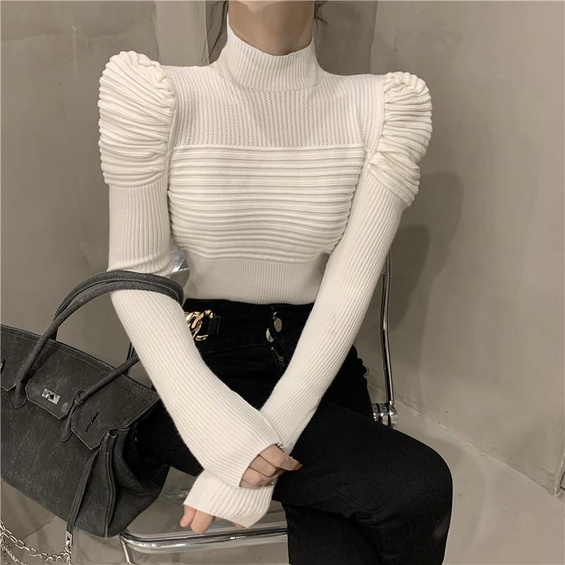 Áo sweater dệt kim cổ lọ tay phồng xếp ly thiết kế mới thời trang thu đông năm 2020 cho nữ