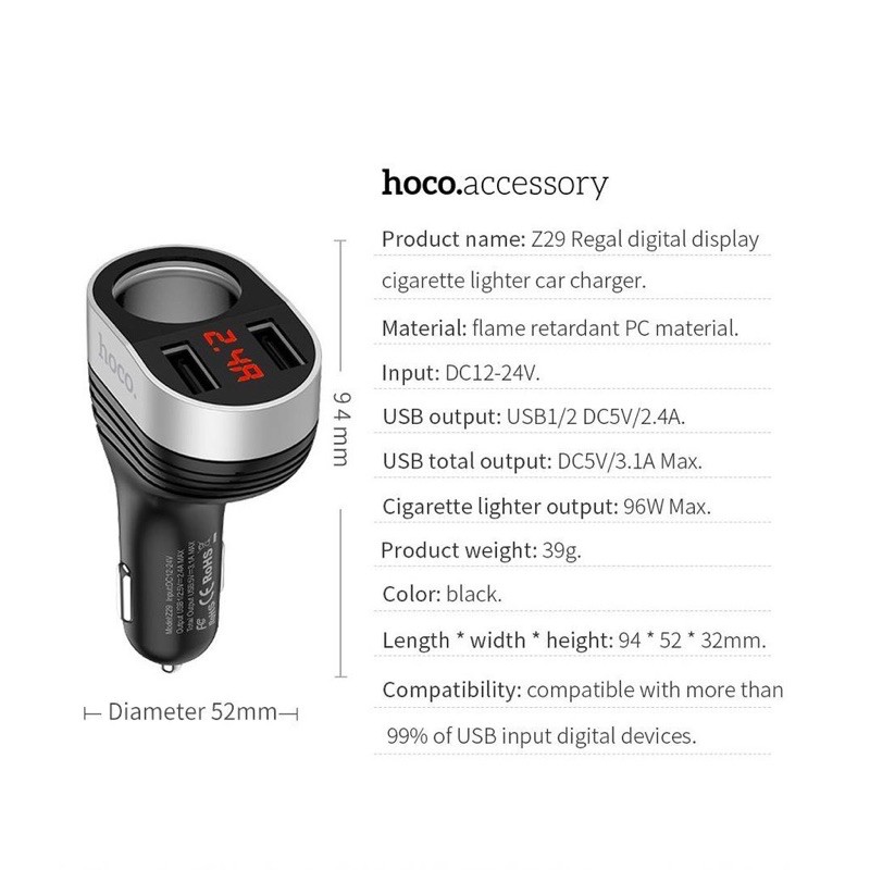 Nowship mới - Cốc sạc tẩu sạc HOCO Z29 cho xe hơi oto 2 cổng USB cổng nối sạc điện thoại/ipad iphone samsung huawei