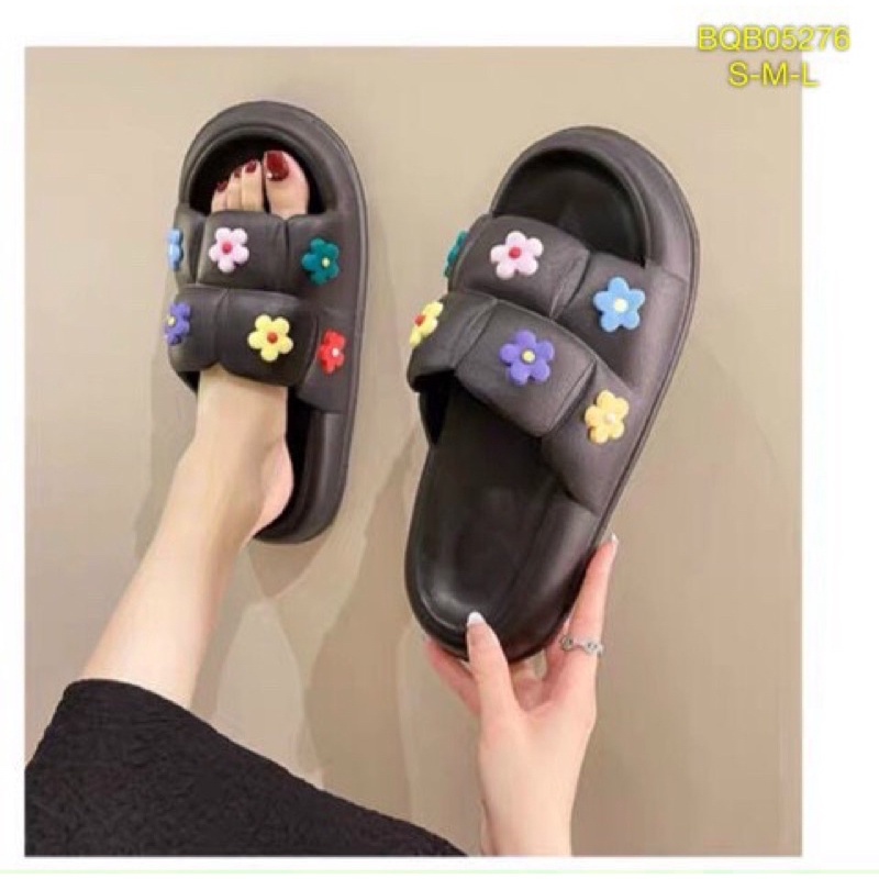 Dép bánh mỳ unisex quai ngang ô vuông cao 3cm đính sticker siêu êm - DL160
