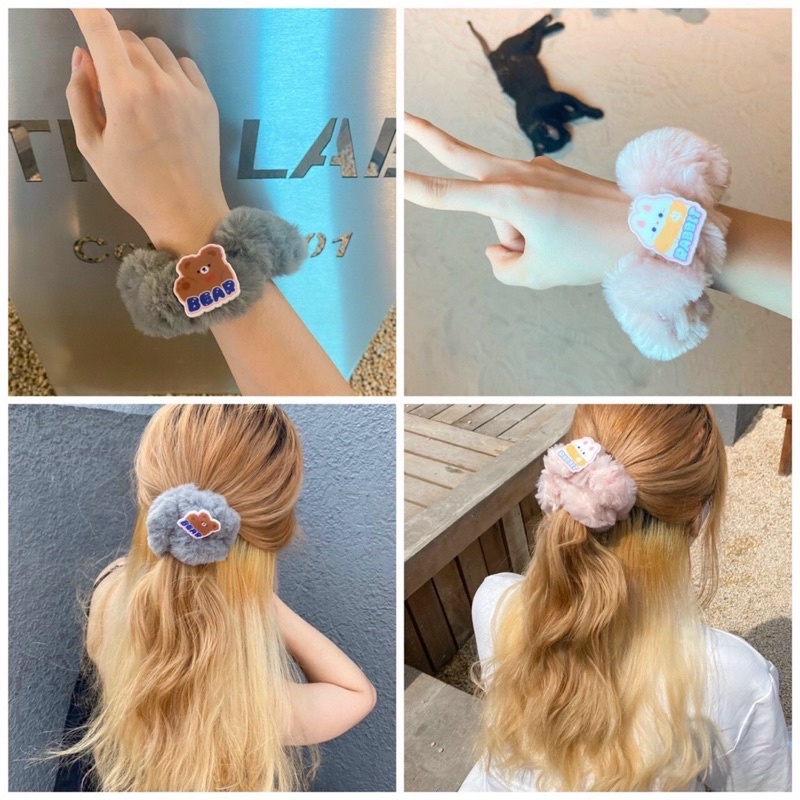 Cột tóc scrunchie lông hoạ tiết bò sữa/thỏ/gấu siêu êm tóc