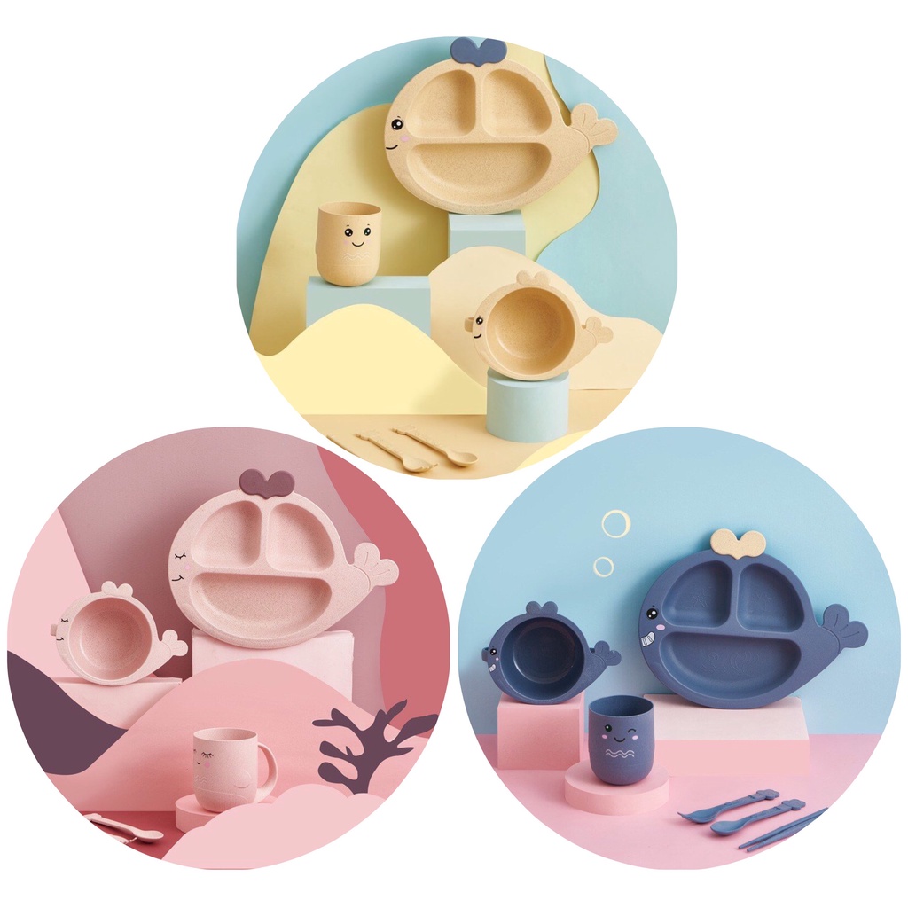 SET Bộ 6 món khay - bát ăn - cốc tập ăn cho bé hình Cá Heo