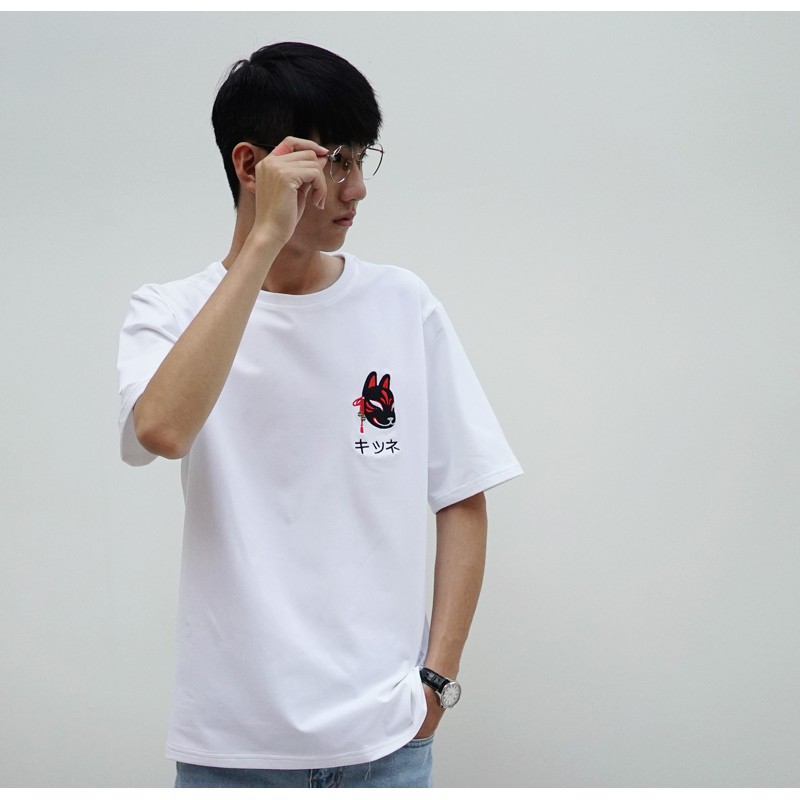 Áo Unisex MYO Vải Cotton Thêu Kitsune Trắng