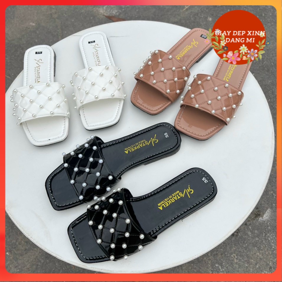 Dép quai ngang ô trắm đính ngọc sang chảnh, DD-0292-Giaydepxinh.dangmi