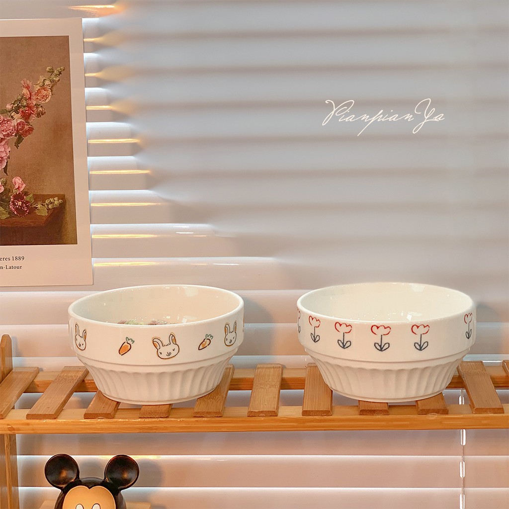 Bát gốm sứ họa tiết hoa, cherry, thỏ dễ thương phong cách Hàn Quốc