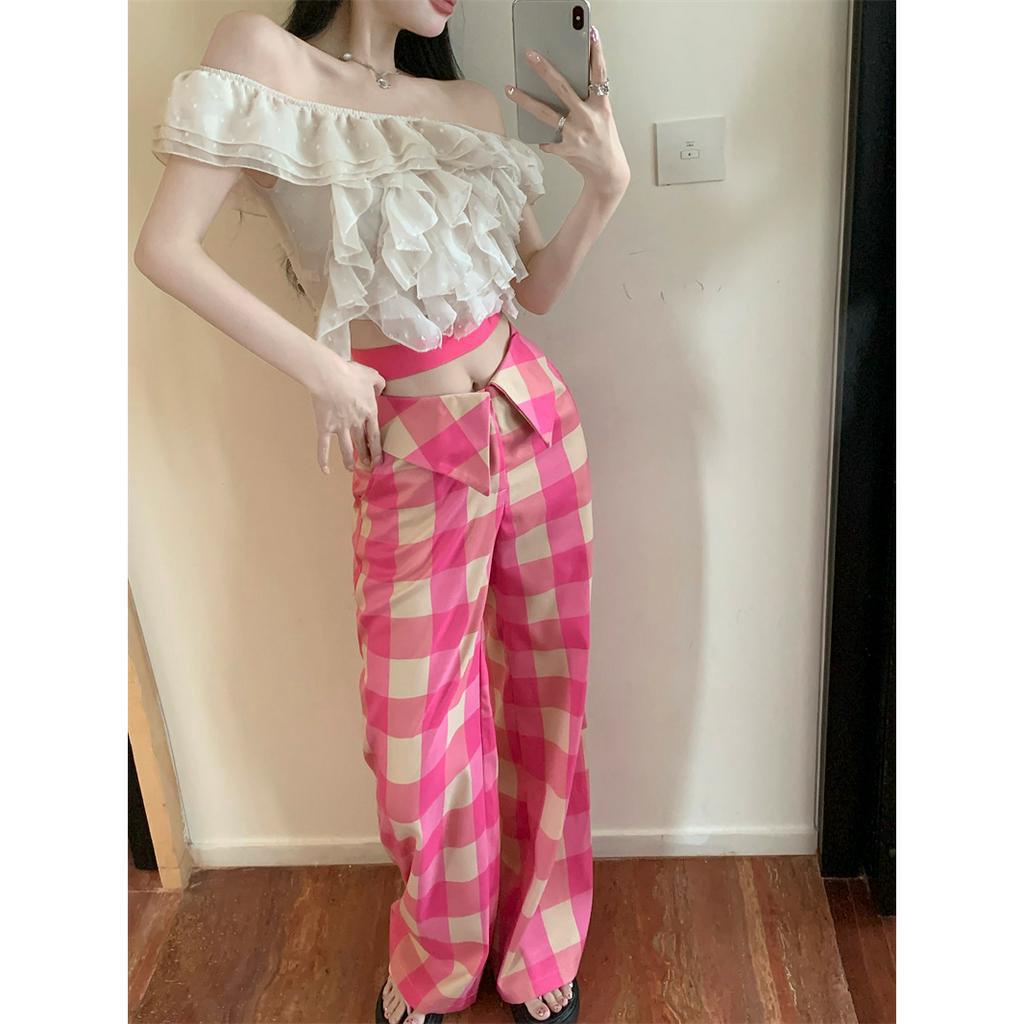 Cocory vn Set Áo Kiểu Trễ Vai Viền Bèo Nhún + Quần Dài Lưng Cao Ống Rộng Họa Tiết Sọc Caro Thời Trang Mùa Hè Cho Nữ