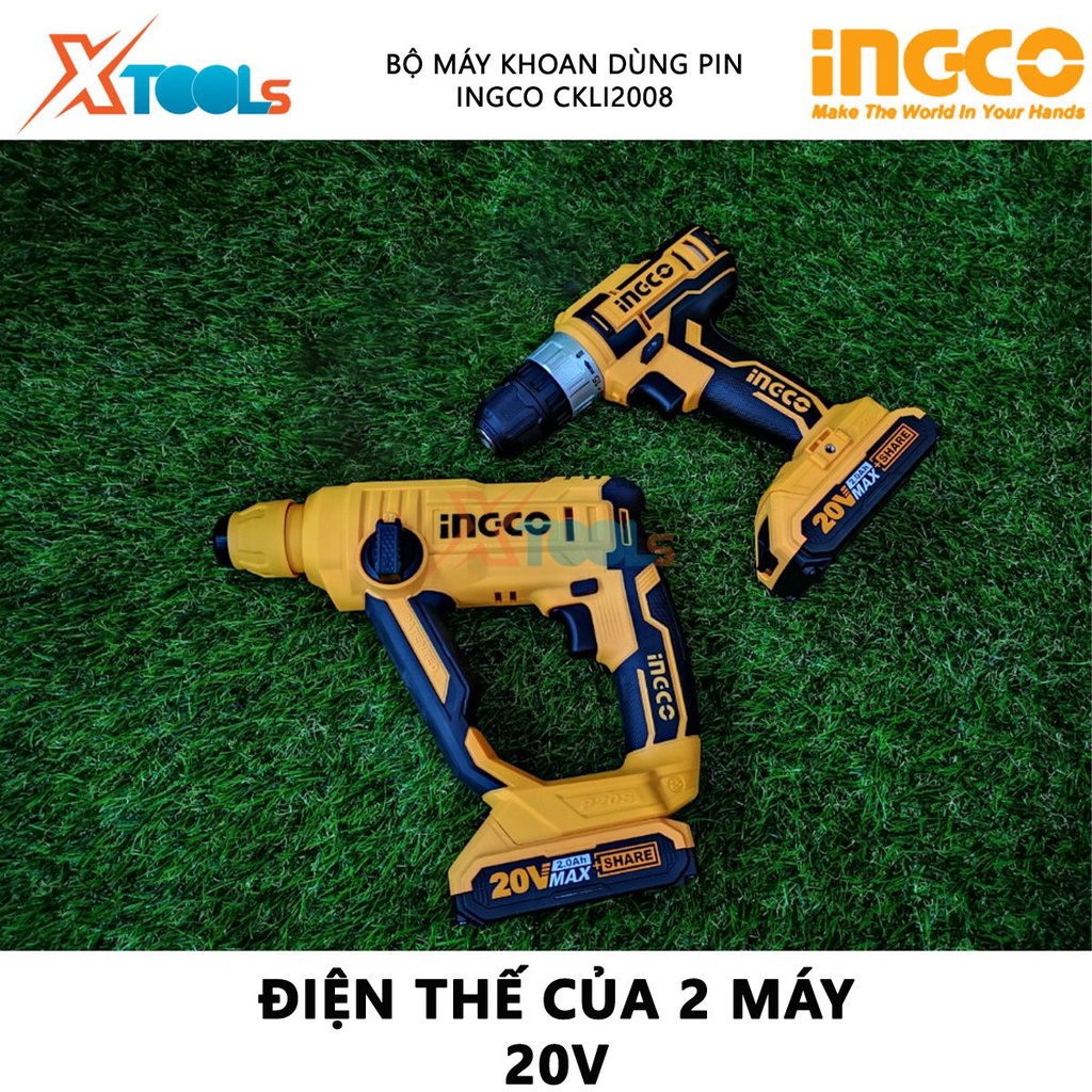 &quot;Bộ máy khoan bắn vít 10mm và máy khoan bê tông dùng pin 20V Ingco CKLI2008 kèm 2 pin 2.0ah và 1 sạc nhanh điện thế sạc