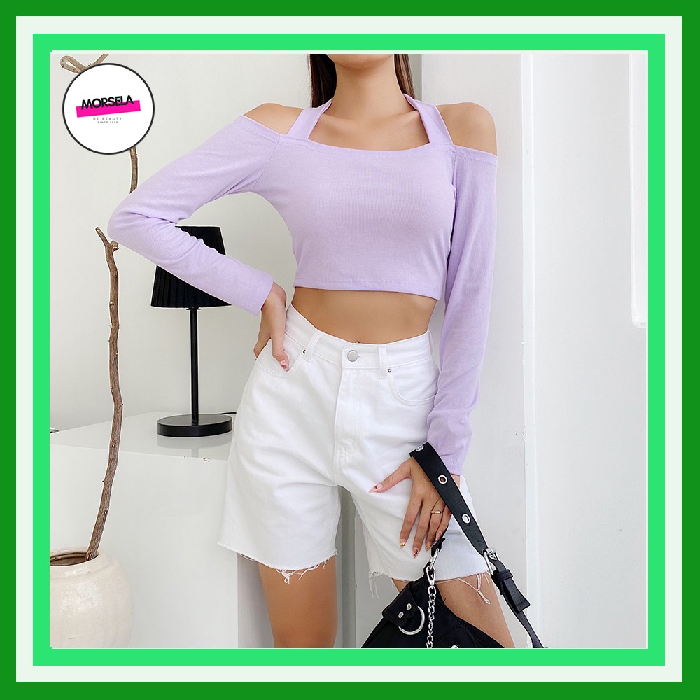 Áo thun croptop nữ tay dài cột dây cổ chữ V cách điệu - Áo croptop tay dài - Morsela