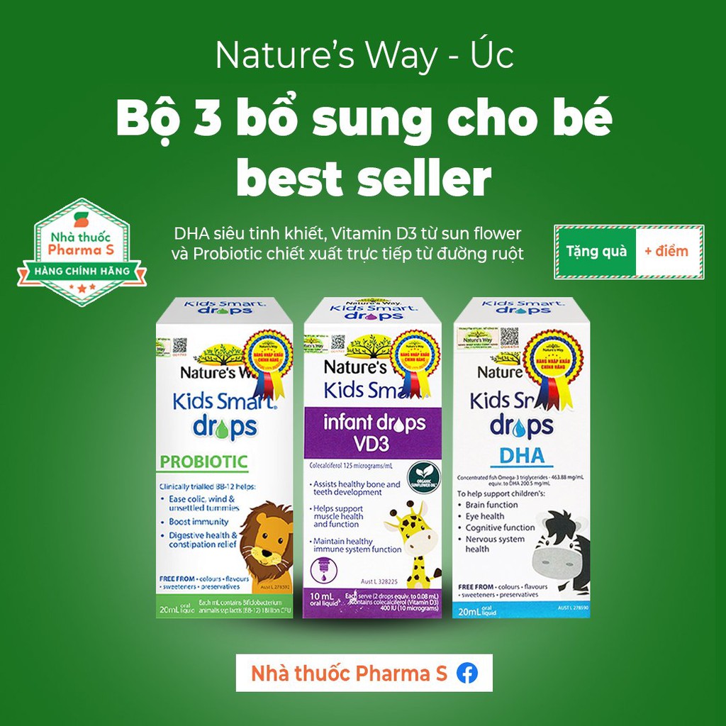 [Mưa quà tặng] Bộ 3 siêu phẩm Kid smart cho bé yêu từ 0-24 tháng Nature's Ways (Probiotic - VD3 - DHA) 100%Chính Hãng