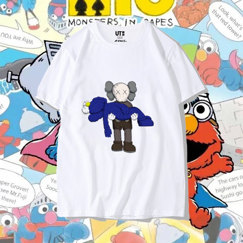 UNIQLO Áo thun cotton ngắn tay dáng rộng họa tiết hoạt hình Sesame Street cá tính cho nam nữ