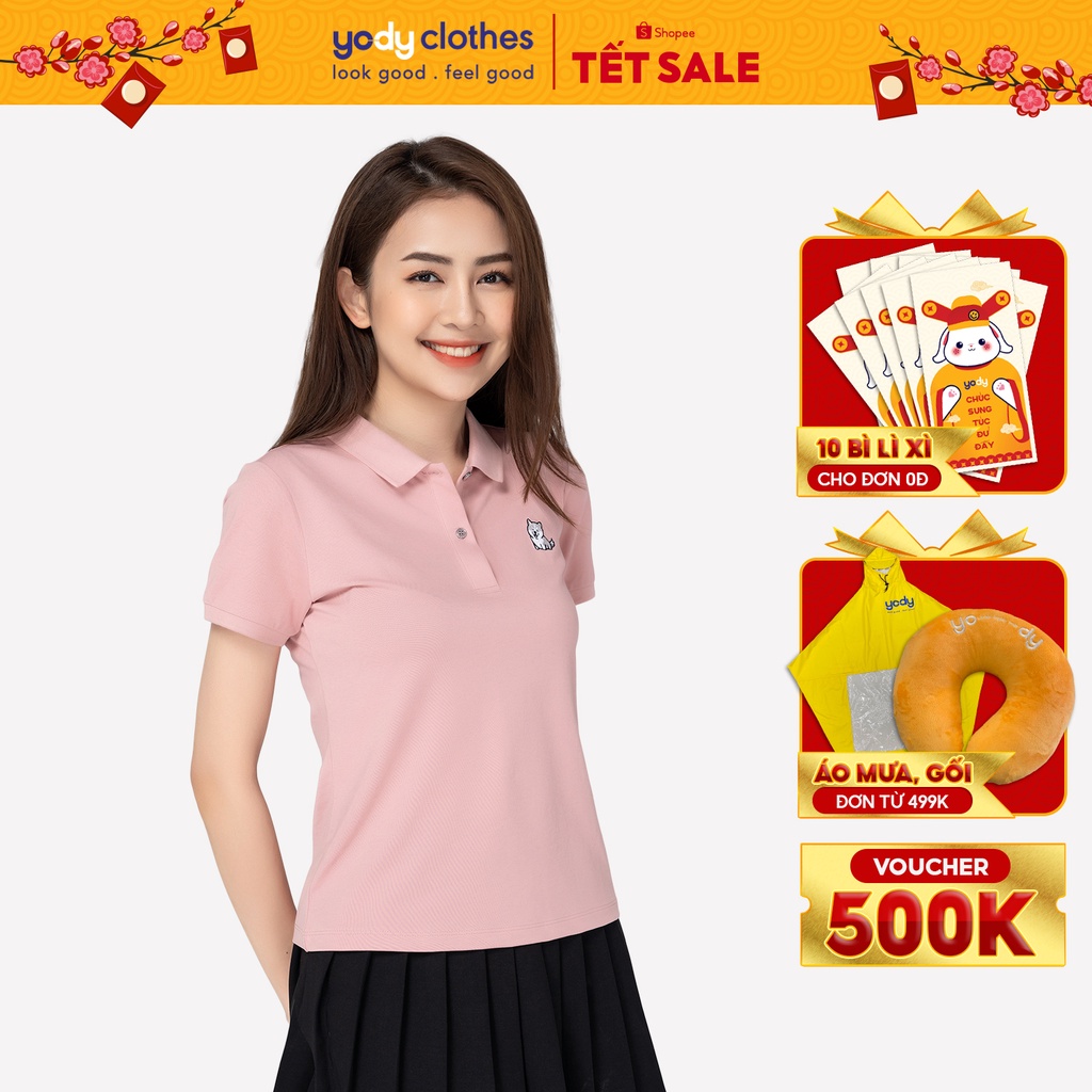 Áo thun polo nữ YODY thêu họa tiết vải mắt chim phù hợp công sở, đi chơi APN3878