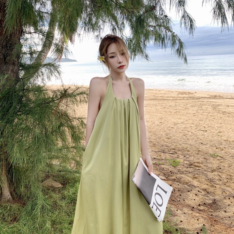 Đầm maxi hở lưng cổ yếm cột dây dáng rộng chất lụa tơ lạnh