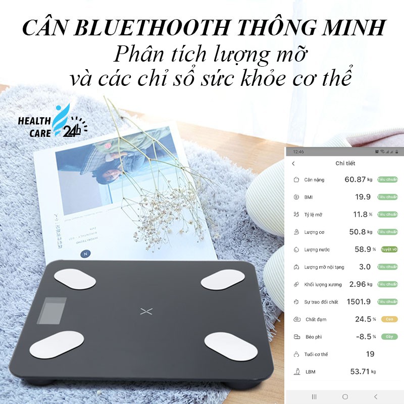 Cân điện tử đo chỉ số sức khỏe kết nối Bluetooth thông minh Healthcare24h A002, phân tích lượng mỡ qua app tiếng Việt