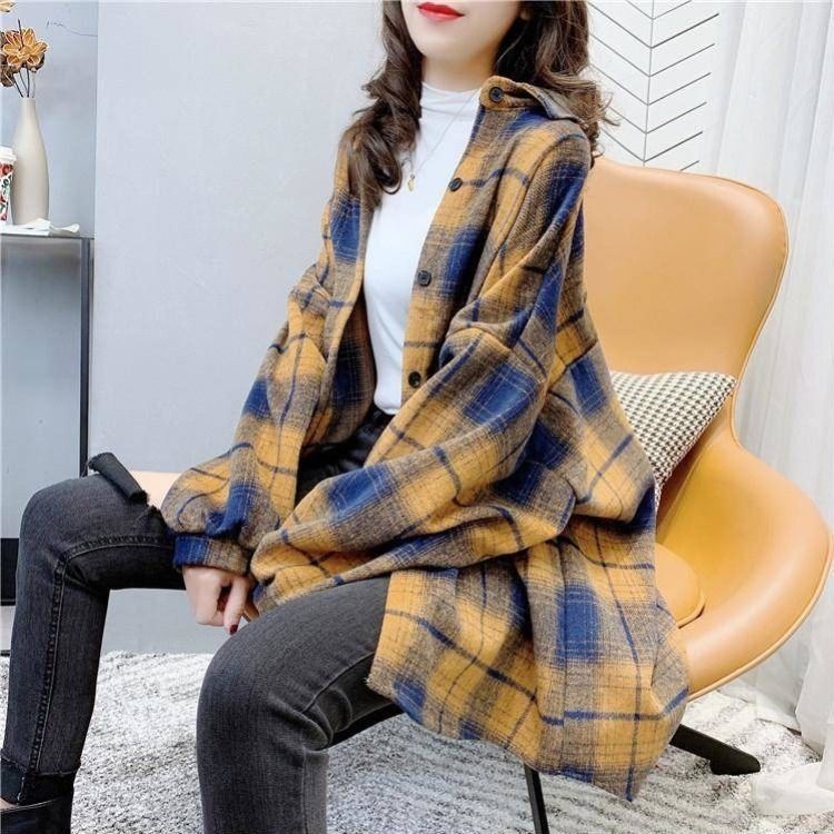 Áo Khoác Sơ Mi Caro Tay Dài Thời Trang Hàn Quốc Cho Nữ