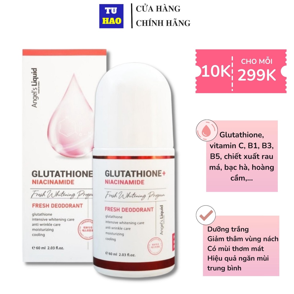 Lăn nách Angel's Liquid Glutathione Niacinamide Arbutin Whitening khử mùi giảm thâm 60ml