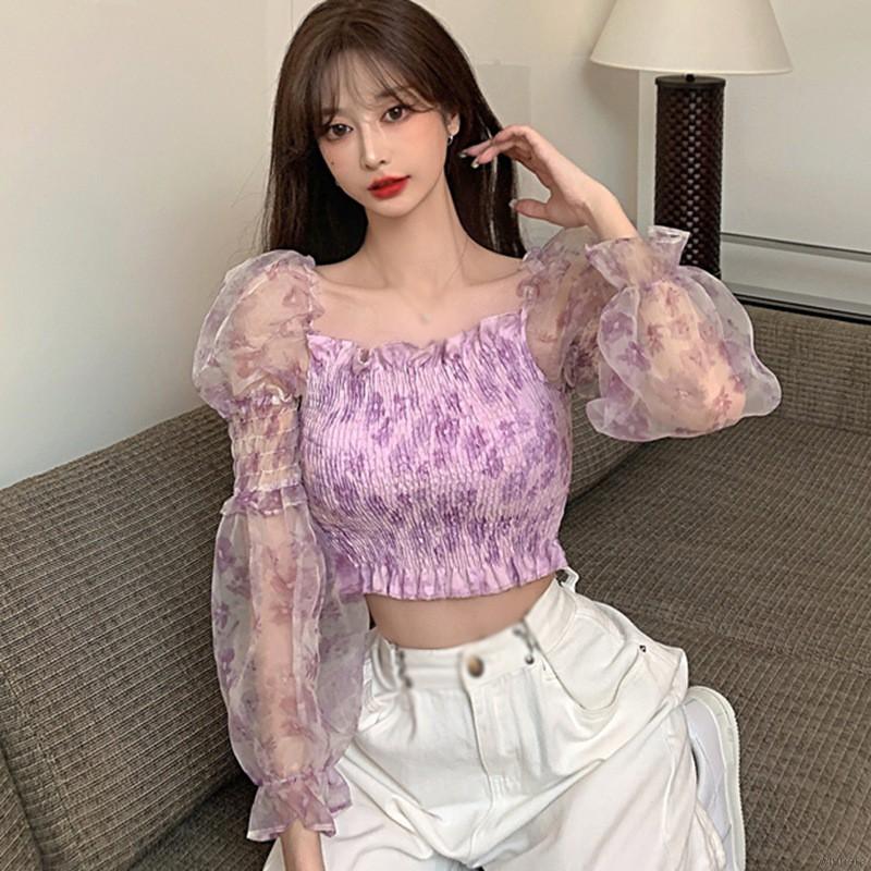 Áo Kiểu Chất Chiffon Tay Dài Cổ Vuông Hoạ Tiết Hoa Nữ Tính | BigBuy360 - bigbuy360.vn