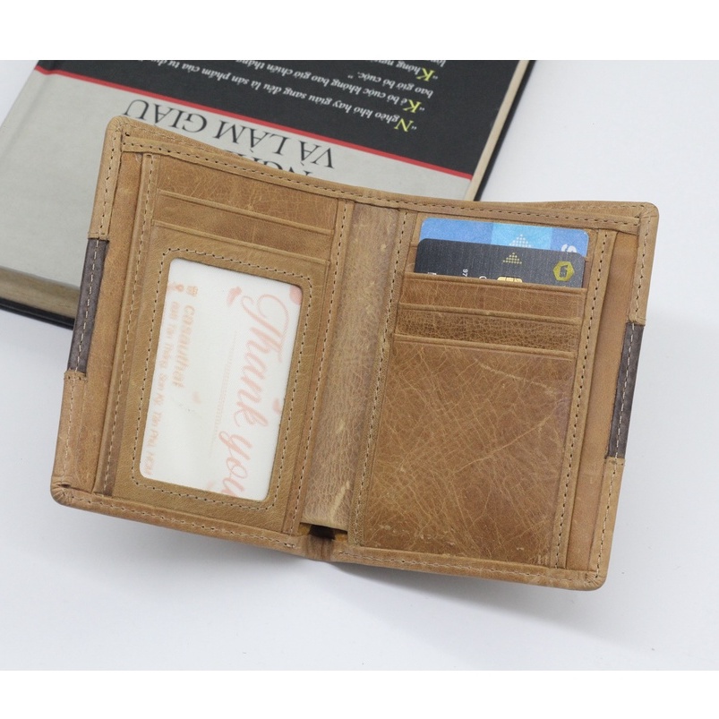 Ví Nam Da Bò Sáp Kiểu Đứng, Bóp Nam Da Thật Phối Sọc Cao Cấp Siêu Mềm Sản Phẩm Được Bảo Hành 12 Tháng