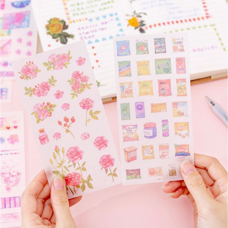 Set 6 Tấm Sticker Dán Vở, Sổ Tay Cô Nhiều Mẫu Chữ, Hoa Lá, Tem, Cô Gái
