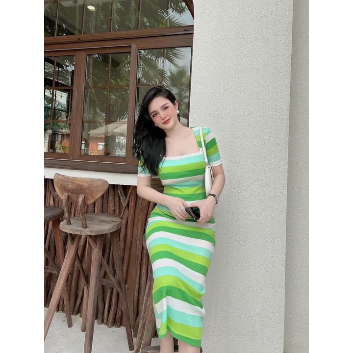 Đầm Body Sọc Ngang Cổ Vuông Thun Lạnh